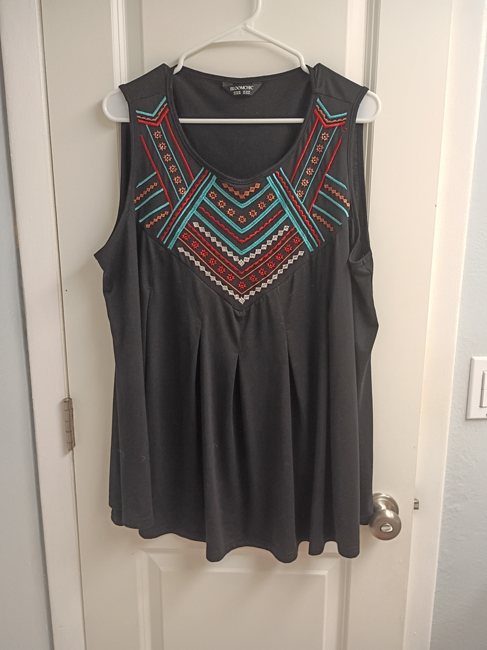 BloomChic Black Sleeveless Tank with Teal & Red Embroidery